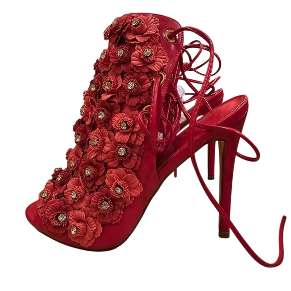 Akira Vigo Fiore Sexy Red Floral Rhinestone Stiletto Heels Sz 11 Party Cocktail - Picture 6 of 12
